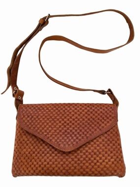 Hand Made Leather Envelope Crossbody Purse Chestnut Brown Faux Weave